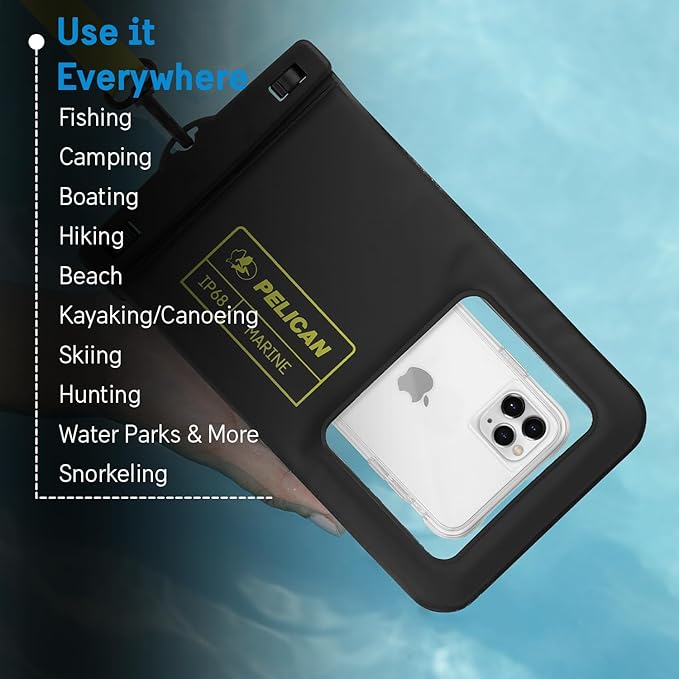 Pelican 4 Pack Marine - IP68 Waterproof Phone Pouch (XL Size) Floating Waterproof Phone Case - Beach Cruise Ship Travel Essentials - Works with All Phones - Detachable Lanyard - Black/Hi-Vis Yellow