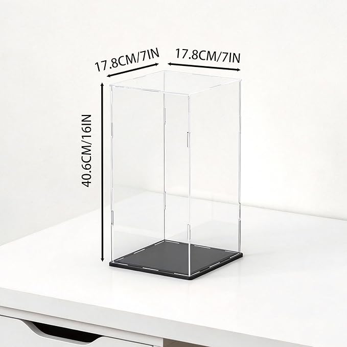 SVENJBB Display Case for Red Vine Bottle, Acrylic Box for Trophy and Toy Figures, Clear Acrylic Display Cases with Matte Black Base for Collection Protection and Storage, 7x7x16 inch