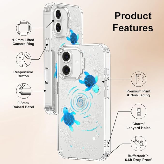 MOSNOVO Case for iPhone 16, [Buffertech 6.6ft Military-Grade Drop Protection] [Anti Peel Off Tech] Clear TPU Bumper Phone Case Cover Design - Space Turtle