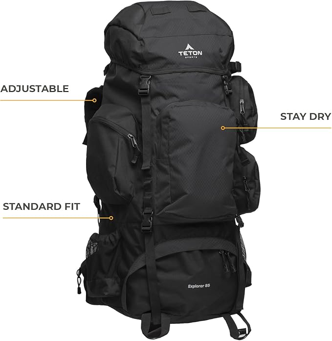 Teton 85L Explorer Internal Frame Backpack for Hiking, Camping, Backpacking, Rain Cover Included, Black