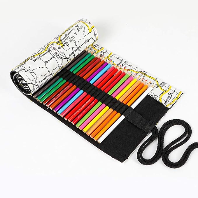 Funny live 24/36/48/72 Slots Colored Pencil Wrap Roll up Pen Holder Case Drawing Coloring Pencil Roll Organizer Stationery Case for Student Artist Traveler (Map, 48 Slots)