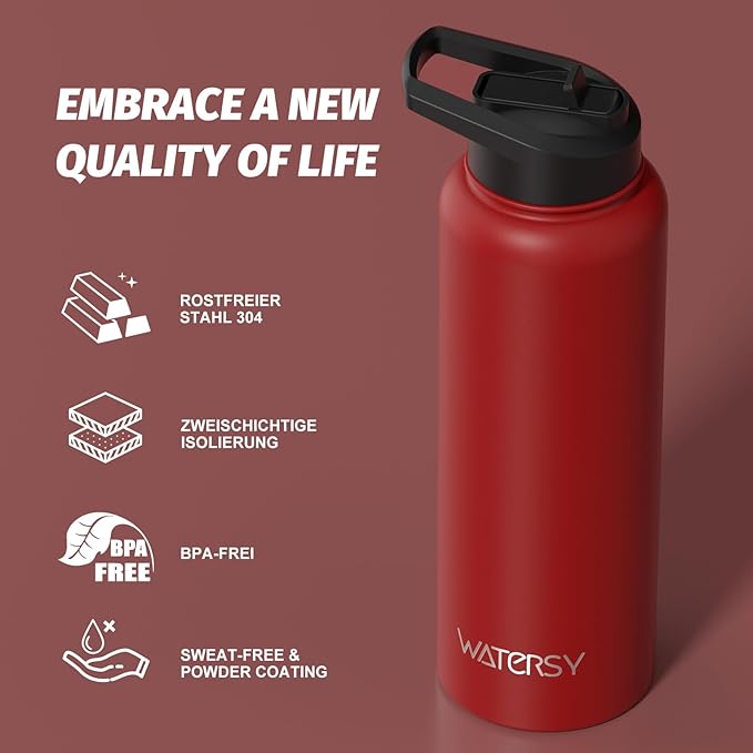 40oz Insulated Water Bottle (Cold for 48 Hrs),BPA Free&Leak Proof,Stainless Steel Water Flask,Water Jug with Straw Spout Lids for Gym,Hiking,Travel,Red