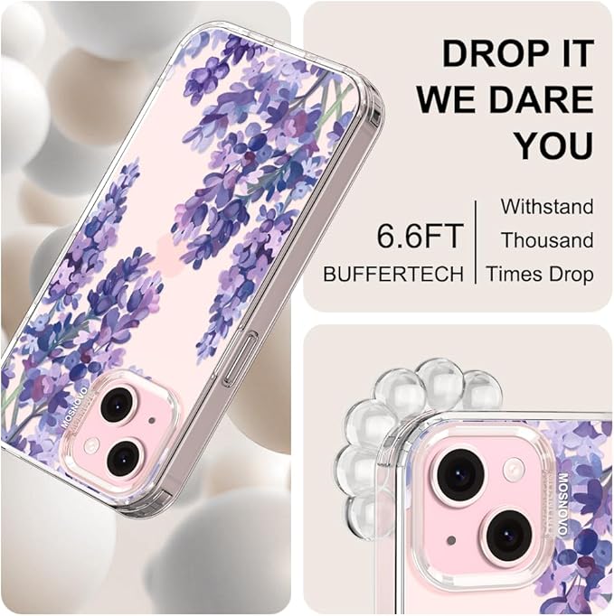 MOSNOVO Case for iPhone 15, [Buffertech 6.6ft Military-Grade Drop Protection] [Anti Peel Off Tech] Clear TPU Bumper Phone Case Cover Design - Lavender