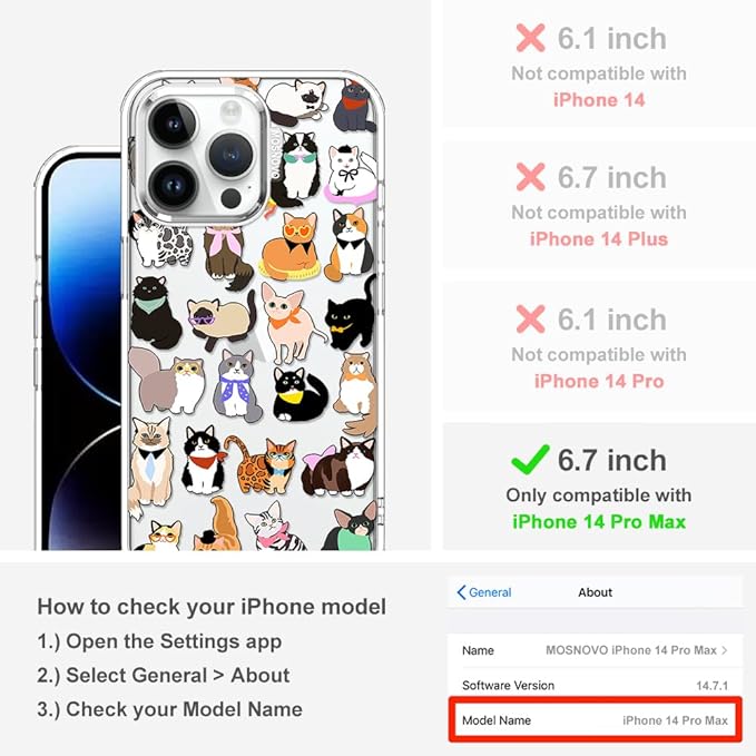 MOSNOVO Case for iPhone 14 Pro Max, [Buffertech 6.6ft Military-Grade Drop Protection] [Anti Peel Off Tech] Clear TPU Bumper Phone Case Cover Design - Cute Cats
