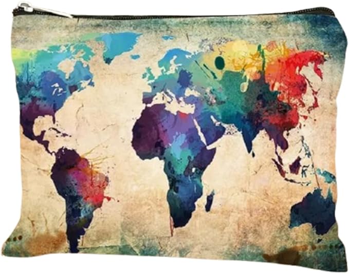 Trendy World Map Canvas Pouch - Spacious Zippered Cosmetic Bag for Travel, Makeup & More - Durable, Multifunctional Coin Purse (F0189)