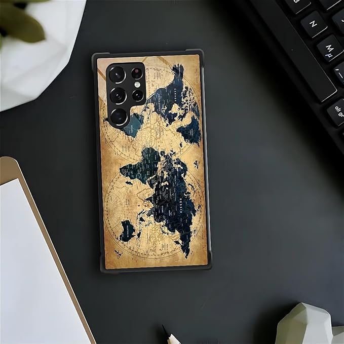 for Samsung Galaxy S22 Ultra Case, Brown World Map Pattern Graphic Design Girl Boy Soft Silicone Hard Acrylic Shock Protection for Samsung Galaxy S22 Ultra