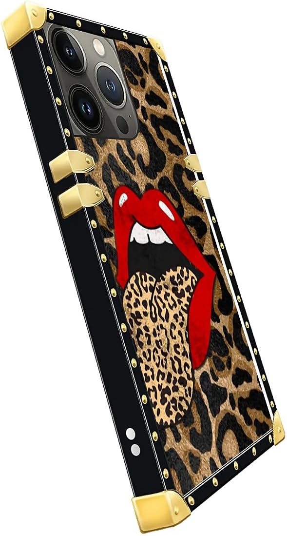 Compatible with iPhone 15 Pro Max Case, Brown Leopard Print Mouth Luxury Golden Decoration for Girl Women Soft TPU Shockproof Protective Hard PC Back for iPhone 15 Pro Max