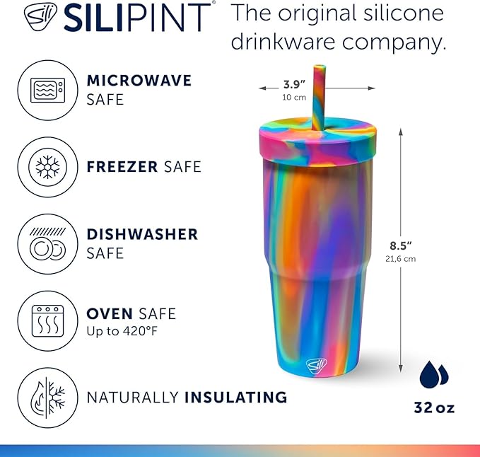 Silipint 32oz Silicone Straw Tumbler – BPA-Free, Non-Toxic, Unbreakable, Microwave, Dishwasher Safe – Perfect for Tea, Cold Water, Smoothies, Sun Storm - Pack of 2