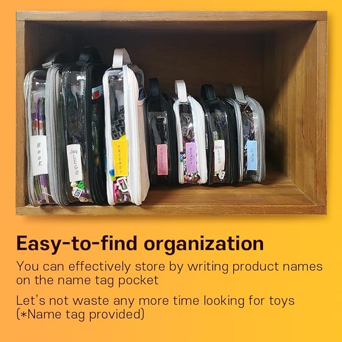 holay 4 Packs PVC Toy Storage Organizer with Zipper, Name Tag & Manual Pocket, Clear Durable Case for Blocks, Clay, Board Games, Travel (White, Small, Large)