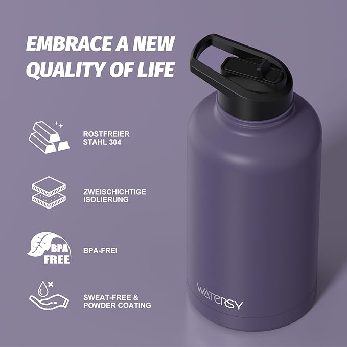 64oz Insulated Water Bottle (Cold for 48 Hrs),BPA Free&Leak Proof,Half Gallon Stainless Steel Water Flask,Water Jug with Straw Spout Lids for Gym,Hiking,Camping,Purple