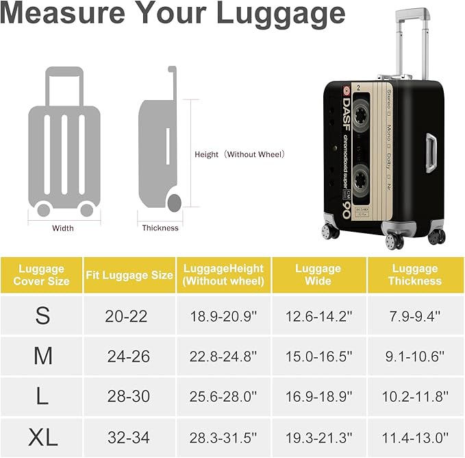 ANNA QUEEN Retro Cassette Tape Luggage Cover, Vintage Music Design Suitcase Protector, Washable Stretchable Travel Sleeve for 28-30 Inch Luggage