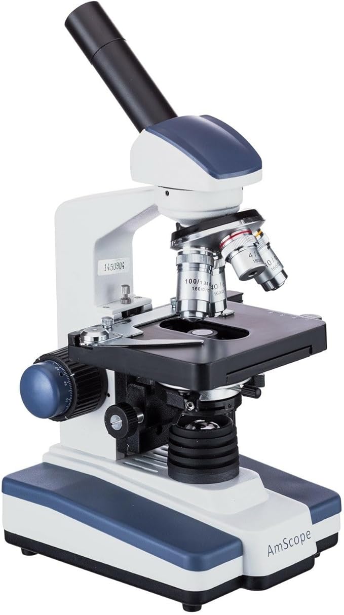 AmScope M620A Compound Monocular Microscope, WF10x and WF16x Eyepieces, 40x-1600x Magnification, Brightfield, LED Illumination, Abbe Condenser, Mechanical Stage, 110V
