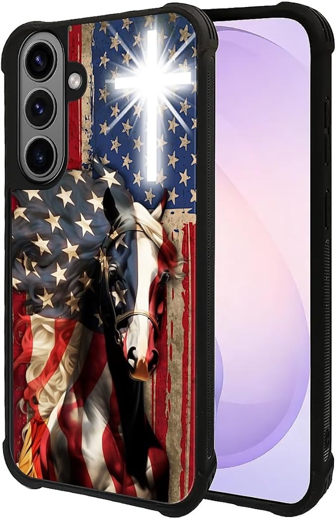 for Samsung Galaxy S26 Case,Graphic Design for Girl Boy Soft Silicone Hard Acrylic Shock Protection Designed for Samsung Galaxy S26 Red American Flag Horse Cross Pattern