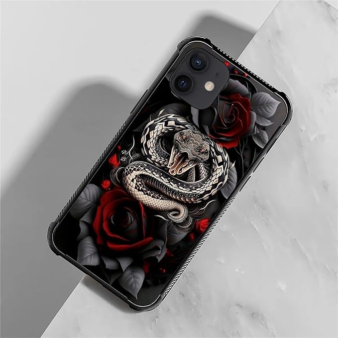 for iPhone 12 Mini Case, Entwined Rose Snake Pattern Graphic Design Girl Boy Soft Silicone Hard Acrylic Shock Protection for iPhone 12 Mini