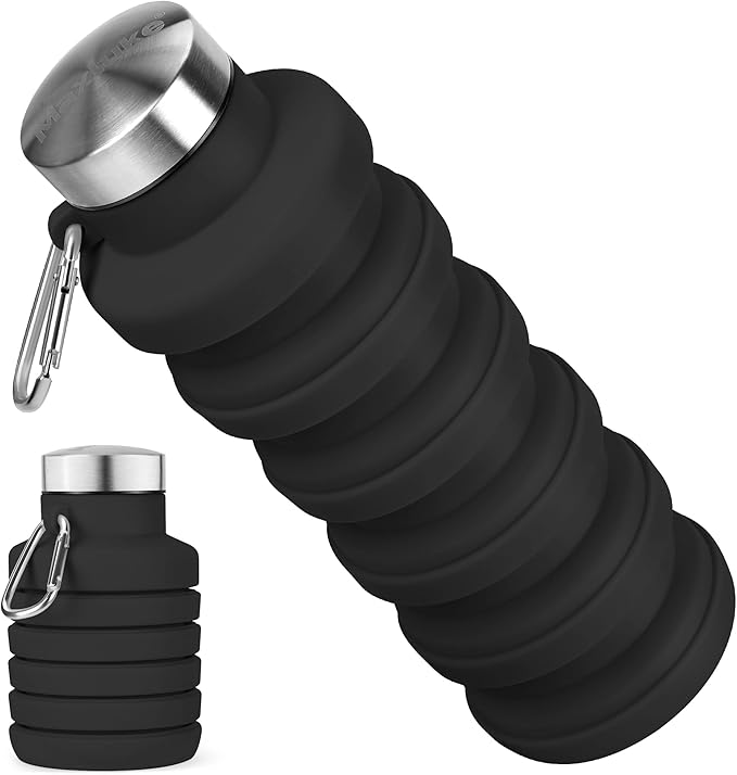 Collapsible Water Bottle, 16oz Portable Reusable Silicone Water Bottle, BPA-Free Leak-Proof Foldable Design with Carabiner, Lightweight Durable for Gym, Travel, Camping, Hiking, Sports, Black