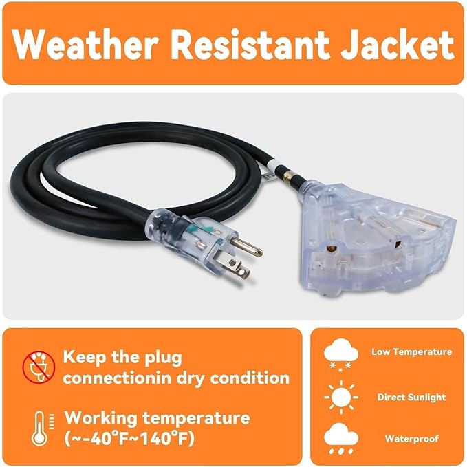 EP 10 Ft Lighted Outdoor Extension Cord with 3 Electrical Power Outlets - 12/3 SJTW Heavy Duty Black Extension Cable with 3 Prong Grounded Plug for Safety, UL Listed