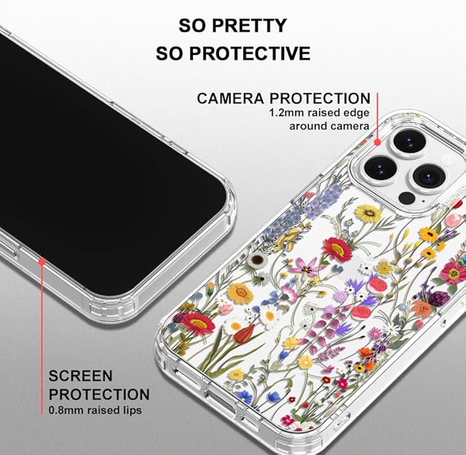 MOSNOVO Case for iPhone 14 Pro Max, [Buffertech 6.6ft Military-Grade Drop Protection] [Anti Peel Off Tech] Clear TPU Bumper Phone Case Cover Design - Wildflower Meadow