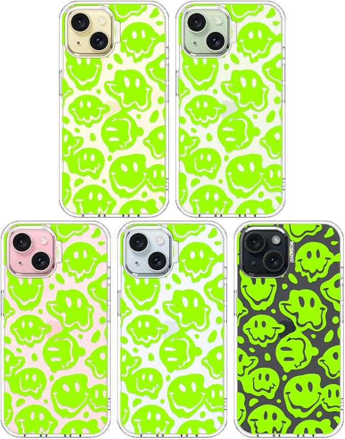 MOSNOVO Case for iPhone 15 Plus/iPhone 14 Plus, [Buffertech 6.6ft Military-Grade Drop Protection] [Anti Peel Off Tech] Clear TPU Bumper Phone Case Cover Design - Distorted Green Smiles Face