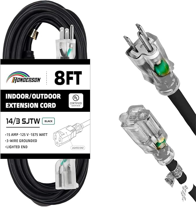 Indoor Outdoor Extension Cord Weatherproof with Lighted End, UL Certified, 14 Gauge 8FT Black 3 Prong Heavy Duty, 14/3 SJTW 15A Power Cord for Outdoor Lights, Lawn