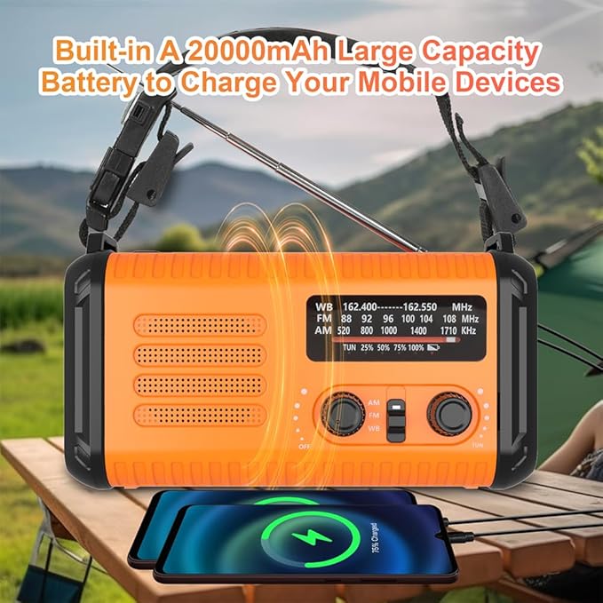 20000mAh Weather Radio NOAA/AM/FM, Emergency Radio Hand Crank Solar Flashlight Battery Powered Phone Charger, Reading Lamp, Headphone Jack, SOS & Compass for Storm Emergencies