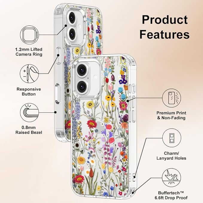 MOSNOVO Case for iPhone 16, [Buffertech 6.6ft Military-Grade Drop Protection] [Anti Peel Off Tech] Clear TPU Bumper Phone Case Cover Design - Wildflower Meadow