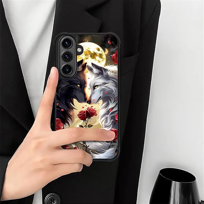 for Samsung Galaxy S26 Plus Case,Graphic Design for Girl Boy Soft Silicone Hard Acrylic Shock Protection Designed for Samsung Galaxy S26 Plus Black White Wolf Moon Flower Rose Pattern