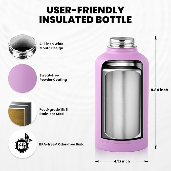 RAYMYLO Insulated Water Bottle 64 oz, Triple Wall Vacuum Stainless Steel (Cold for 48 Hrs), Leak Proof & Non-BPA, Half Gallon Water Flask Jug with Paracord Handle & Straw Spout Lids, Lilac