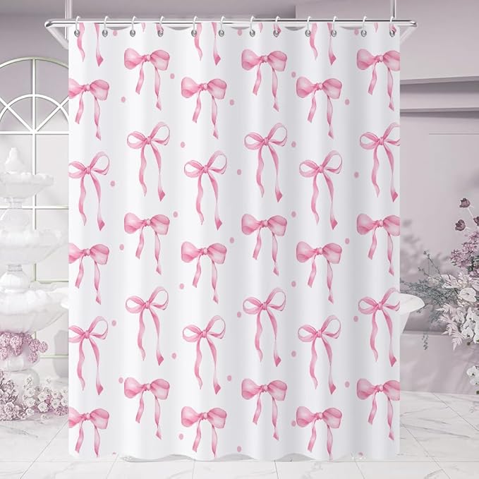 Pink Bow Shower Curtain, Pink and White Modern Aesthetic Bowknot with Polka Dot Cute Girly Bathroom Curtain Waterproof Fabric Machine Washable with Hooks, 36" Wx72 L