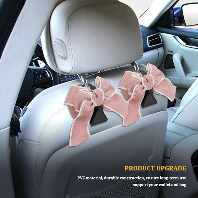 4PCS Car Hooks for Purses and Bags, Cute Bow Car Seat Headrest Hook, Car Accessories Multipurpose Portable Back Seat Hanger Storage Organize Universal Fit for Most Vehicles (4PCS-Pink Bowknot)