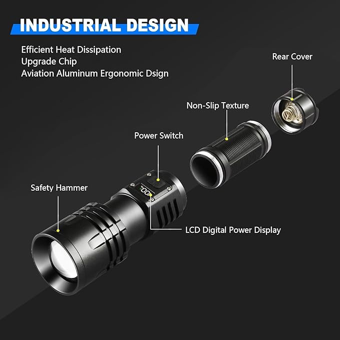 Rechargeable LED Flashlights 10000.00 High Lumens,𝟐𝟎𝟐𝟔 𝐍𝐞𝐰 High Powered Waterproof Tactical Flashlight Spotlight Flashlight for Home, Bright Flashlight Black for Outdoor Camping Emergency