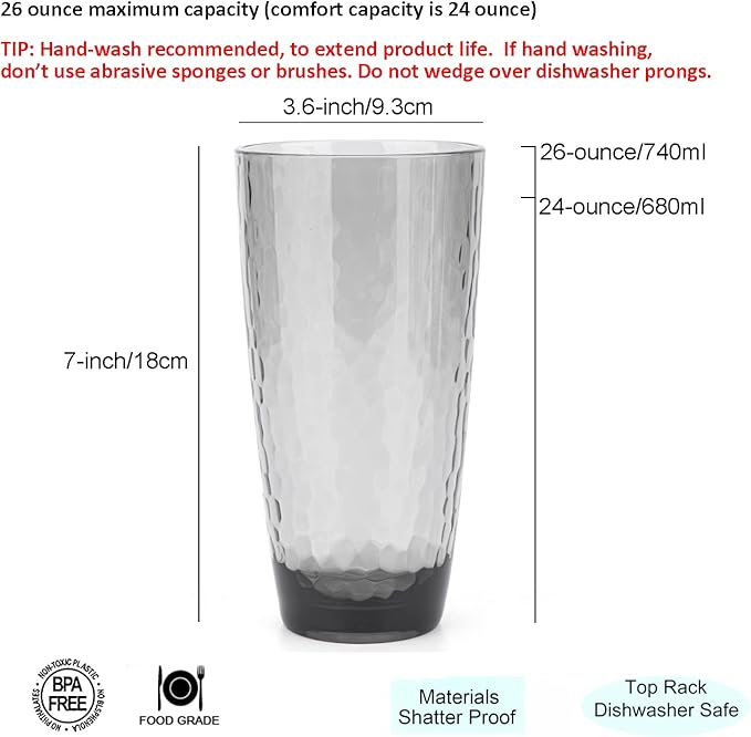 KOXIN-KARLU Hammered 26-ounce Plastic Tumbler Acrylic Glasses, set of 12 Smoky Grey