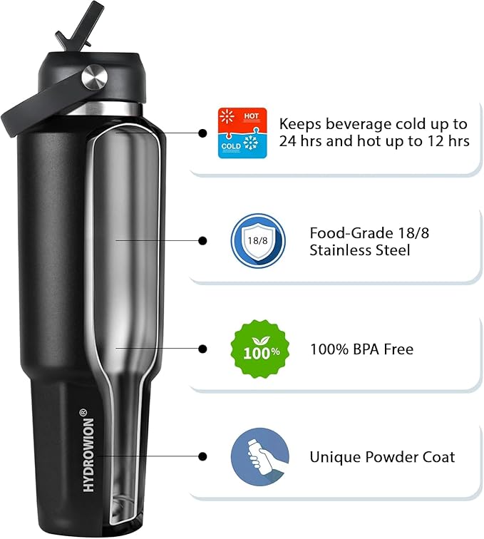 HYDROWION 40 oz Insulated Water Bottle, Car Water Bottle Holder - Double Wall Vacuum Insulated Travel Bottle with Straw Lid, Spout Lid and Flex Cap - Cold for 24H, Hot for 12H, Blue - Lake Green