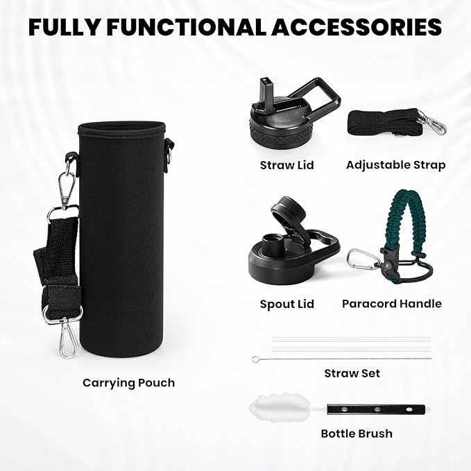RAYMYLO Insulated Water Bottle 24oz, Triple Wall Vacuum Stainless Steel (Cold for 24Hrs, Hot for 12Hrs), Leak Proof & Non-BPA, 24oz Hydro Water Flask with Paracord Handle & Straw Spout Lids