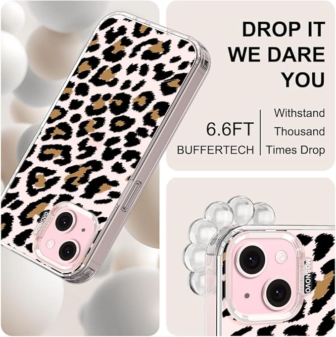 MOSNOVO Case for iPhone 15 Plus/iPhone 14 Plus, [Buffertech 6.6ft Military-Grade Drop Protection] [Anti Peel Off Tech] Clear TPU Bumper Phone Case Cover Design - Leopard Print