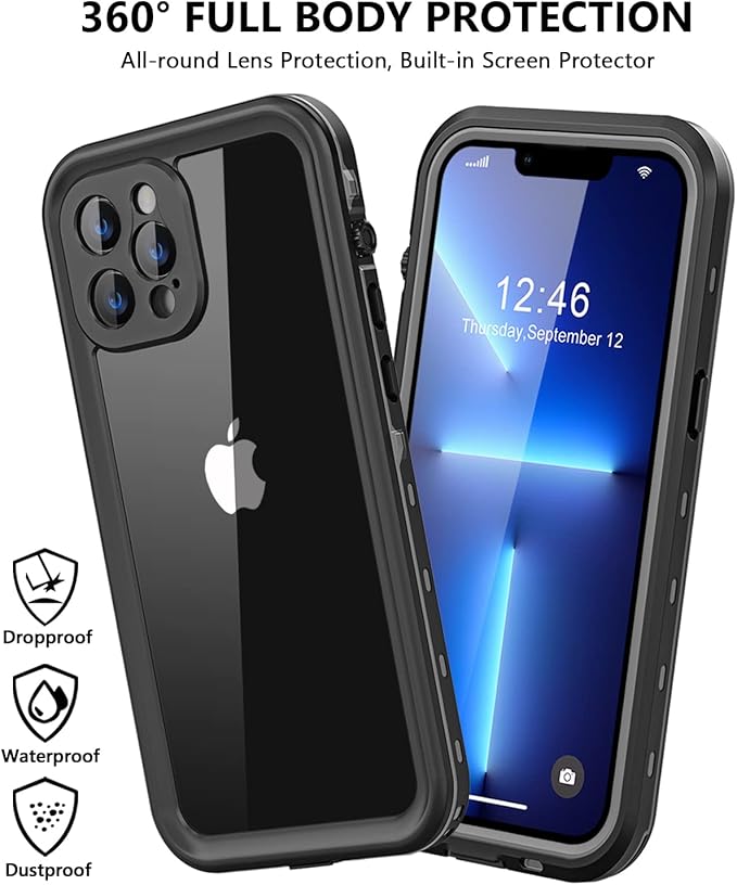 Protebox for iPhone 13 Pro Waterproof Case with Built-in Screen Protector, Shockproof Dustproof Full Body Protective IP68 Waterproof Phone Case for iPhone 13 Pro 6.1 inch (Black/Clear)