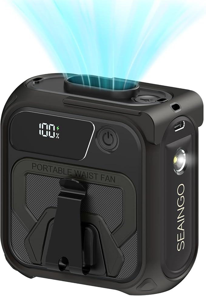 SEAINGO Portable Waist Fan Rechargeable – 10000mAh, 42 ft/s Max, 5 Speeds 16000RPM, Personal Cooling Wearable Clip Body Belt Shirt Fans, Hanging Neck Fan with Light for Camping Travel Outdoor Indoor