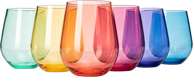 European Style Plastic Crystal Unbreakable Stemless Wine Glasses | Set of 6 | Acrylic Glasses Tritan Drinkware Bright Color Shatterproof BPA-free, Reusable, Outdoor, Pool, Indoor, Hand Wash 15oz Gift