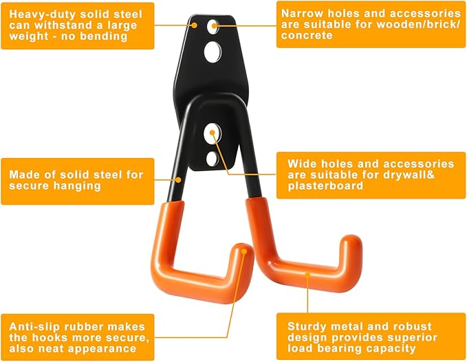 KURUI Heavy Duty Wall Hook for Hanging, 2 Pack Garage Tool Organizer Wall Mount, Metal Garage Storage Hooks for Ladder,Extension,Garden Tool, Small Utility Hook, Hose Holder for Outdoor and Indoors