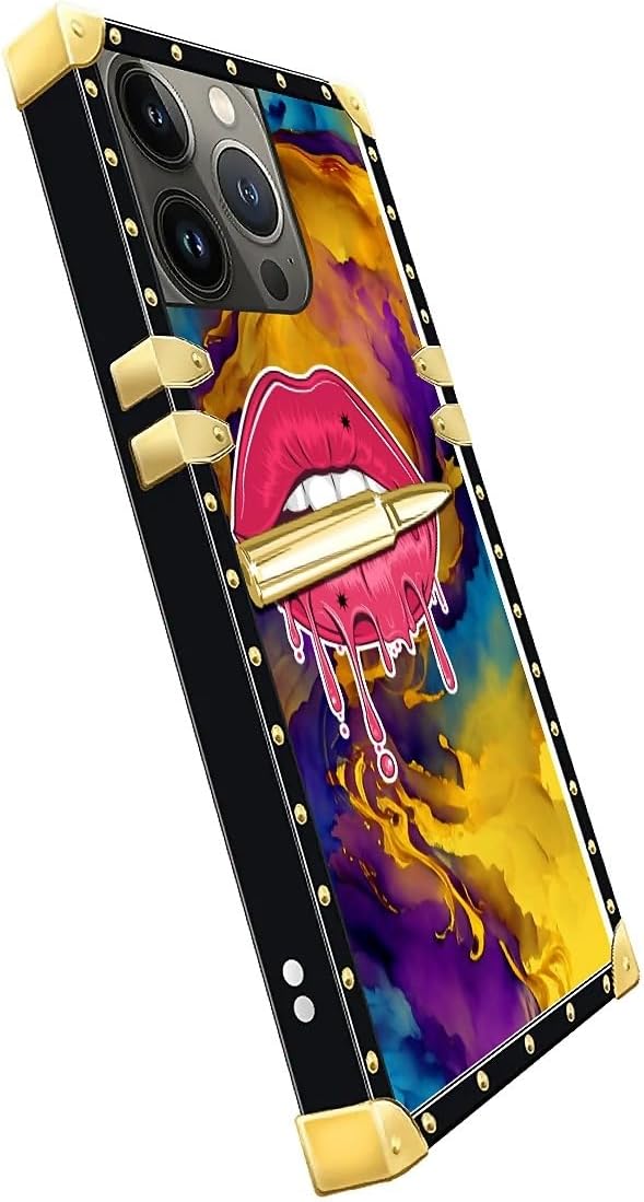 Compatible with iPhone 15 Pro Max Case, Cool Corlorful Lip Marble Luxury Golden Decoration for Girl Women Soft TPU Shockproof Protective Hard PC Back for iPhone 15 Pro Max