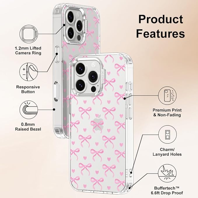 MOSNOVO Case for iPhone 16 Pro, [Buffertech 6.6ft Military-Grade Drop Protection] [Anti Peel Off Tech] Clear TPU Bumper Phone Case Cover Design - Bowtiful Love