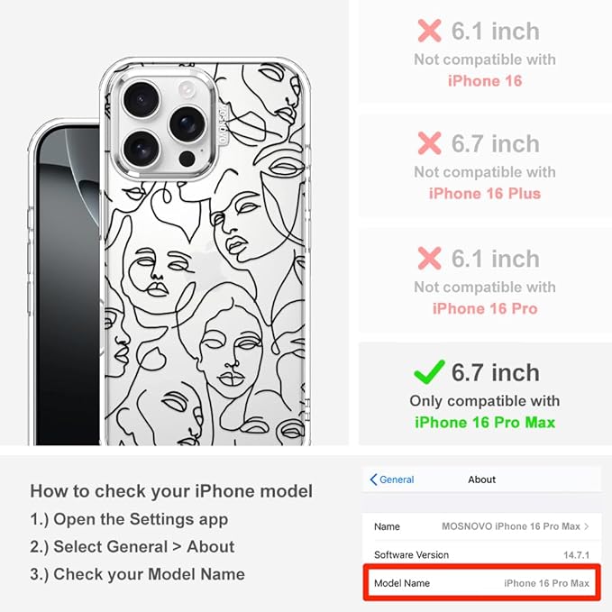 MOSNOVO Case for iPhone 16 Pro Max, [Buffertech 6.6ft Military-Grade Drop Protection] [Anti Peel Off Tech] Clear TPU Bumper Phone Case Cover Design - Abstract Face Line Art