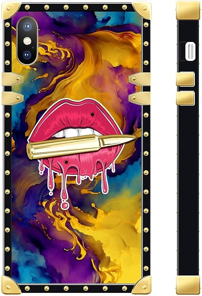 Compatible with iPhone Xs Max Case, Cool Corlorful Lip Marble Luxury Golden Decoration for Girl Women Soft TPU Shockproof Protective Hard PC Back for iPhone Xs Max