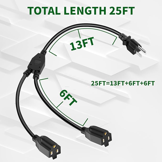 2 Way Power Extension Cord Splitter 25 Ft Total (13+6+6)-3 Prong 1 to 2 Extension Cord Cable Y Splitter-Outlet Adatper-SJTW Outdoor for Halloween Christmas Lighting Landscaping-16AWG 13A 125V-UL-1T2