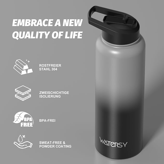 40oz Insulated Water Bottle (Cold for 48 Hrs),BPA Free&Leak Proof,Stainless Steel Water Flask,Water Jug with Straw Spout Lids for Gym,Hiking,Travel,Grey Black