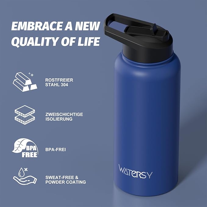 32oz Insulated Water Bottle (Cold for 48 Hrs),BPA Free&Leak Proof,Stainless Steel Water Flask,Water Jug with Straw Spout Lids for Gym,Hiking,Travel,Deep Blue