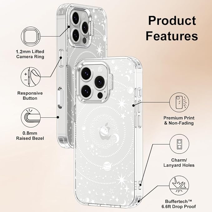 MOSNOVO Case for iPhone 16 Pro, [Buffertech 6.6ft Military-Grade Drop Protection] [Anti Peel Off Tech] Clear TPU Bumper Phone Case Cover Design - Galaxy