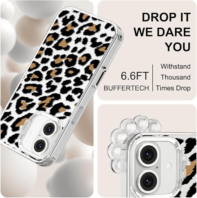 MOSNOVO Case for iPhone 16, [Buffertech 6.6ft Military-Grade Drop Protection] [Anti Peel Off Tech] Clear TPU Bumper Phone Case Cover Design - Leopard Print