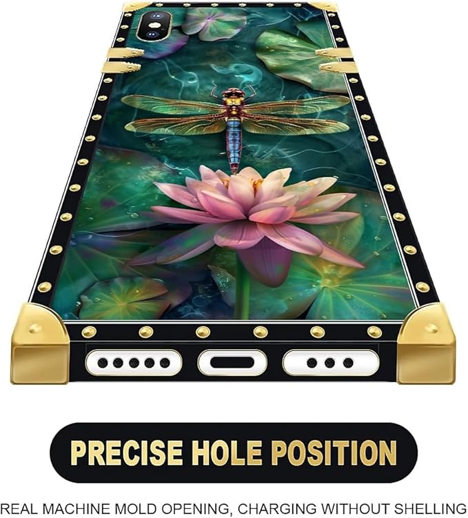 Compatible with iPhone Xs Max Case, Colourful Dragonfly Pink Lily Pads Luxury Golden Decoration for Girl Women Soft TPU Shockproof Protective Hard PC Back for iPhone Xs Max