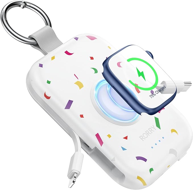 RORRY Portable Charger, 5000mAh Portable Charger Power Bank with Built-in Cables, Travel Keychain Battery Pack for Apple Watch Ultra/11/10/9/8/7/6/SE, iPhone Air/17/16/15/14/13/12, Confetti-White