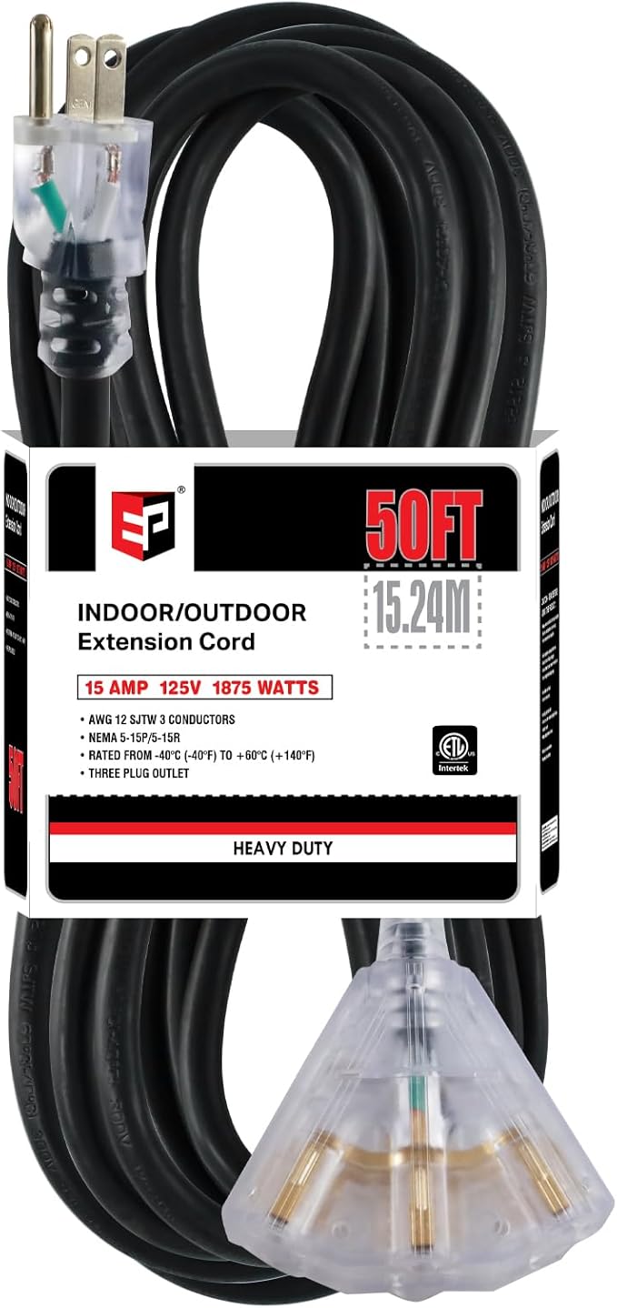 EP 50 Ft Lighted Outdoor Extension Cord with 3 Electrical Power Outlets - 12/3 SJTW Heavy Duty Black Extension Cable with 3 Prong Grounded Plug for Safety, UL Listed